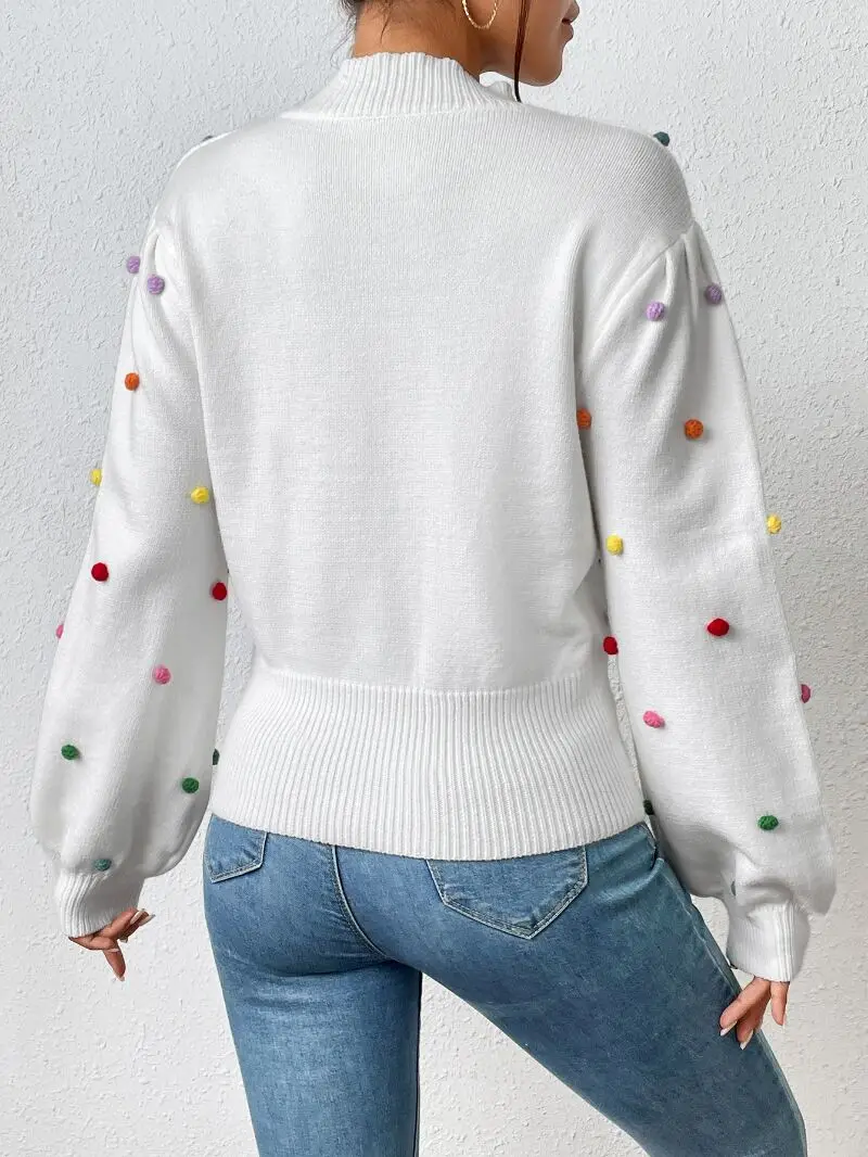 Fashion Knit Winter Women Long Sleeve Pullover Elegant O Fur Ball Decoration Mock Neck Beaded Sweater