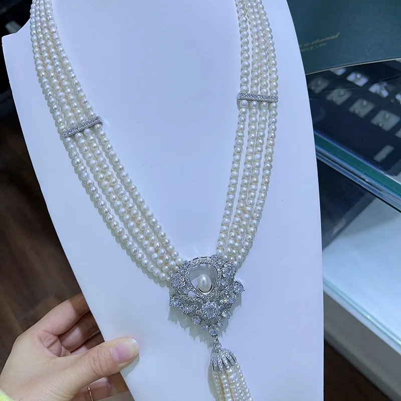 Vintage Necklace Pearl Pendant Tassel Multi-layer Mid-length Sweater Chain Inlaid with Zirconia Smart Fashion Design