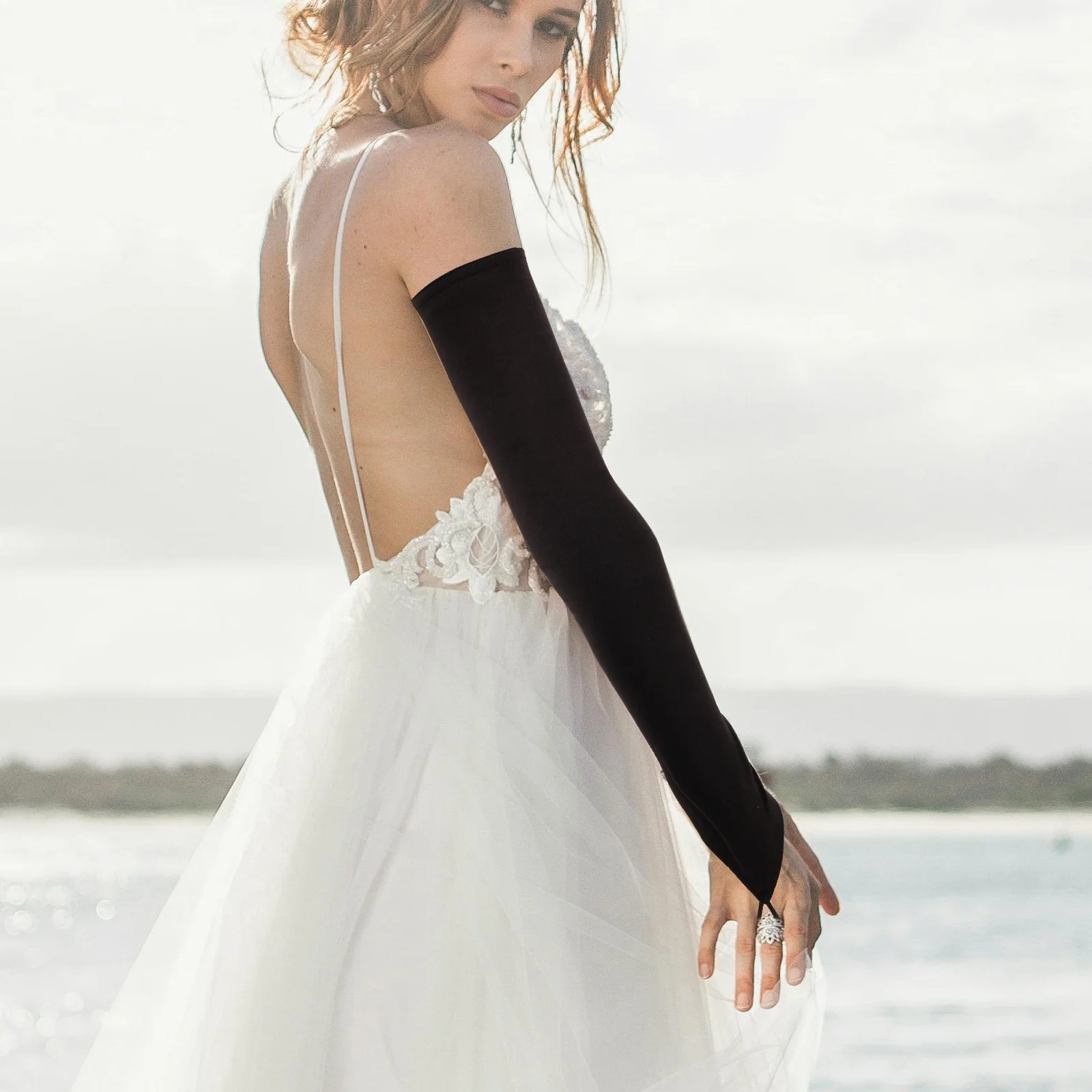 Coude noir Long Vintage Satin gants sans doigts mariée fête de mariage gants longs femmes gant de mariée formel