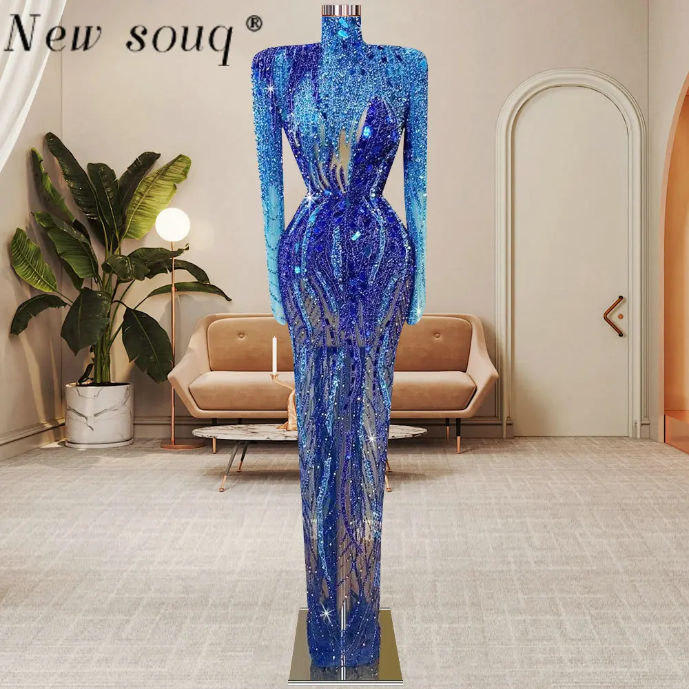 

Sparkling Blue Muslim High Collar Full Pearls Bead Evening Dresses 2023 Luxury Dubai Formal Women Wedding After Party Gowns