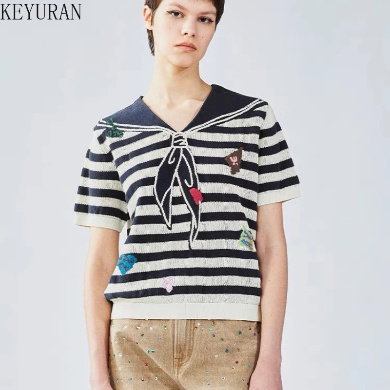 

2025 Summer New Patch Striped Sailor Collar Pullver Sweater T-shirt Women Korean Fashion Short Sleeve Knitwear Tops Female Tees