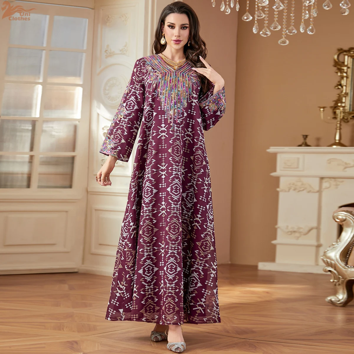 

Uni New Ramadan Muslim Elegant Embroidery Women Evening Dress Women's Clothing Dubai V-Neck Maxi Abayas