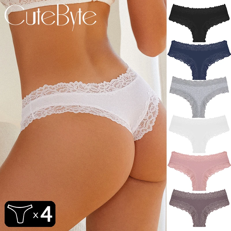 4Pcs frauen Baumwolle Höschen Spitze Sexy Brasilianische Hosen Floral Spitze Unterwäsche Trendy Patchwork Briefs Weibliche Weiche Unterhose M-XL