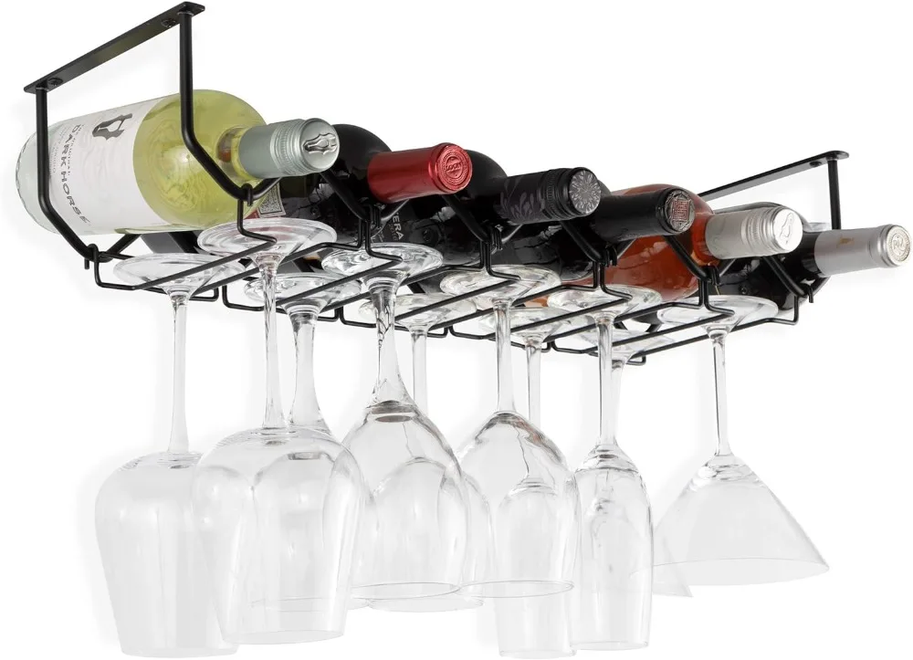 Wallniture Piccola Under Cabinet Wine Rack & Glasses Holder, Kitchen Organization with 6 Bottle Organizer Metal Black