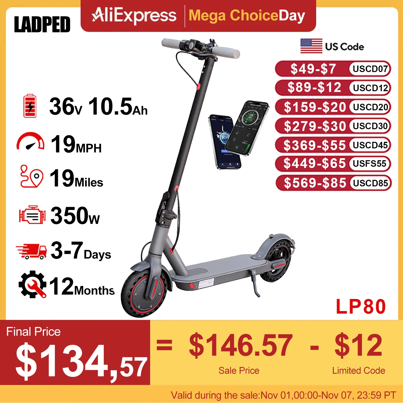 LADPED Electric Scooter 350W 19mph APP Smart Scooter Shock-absorbing A...