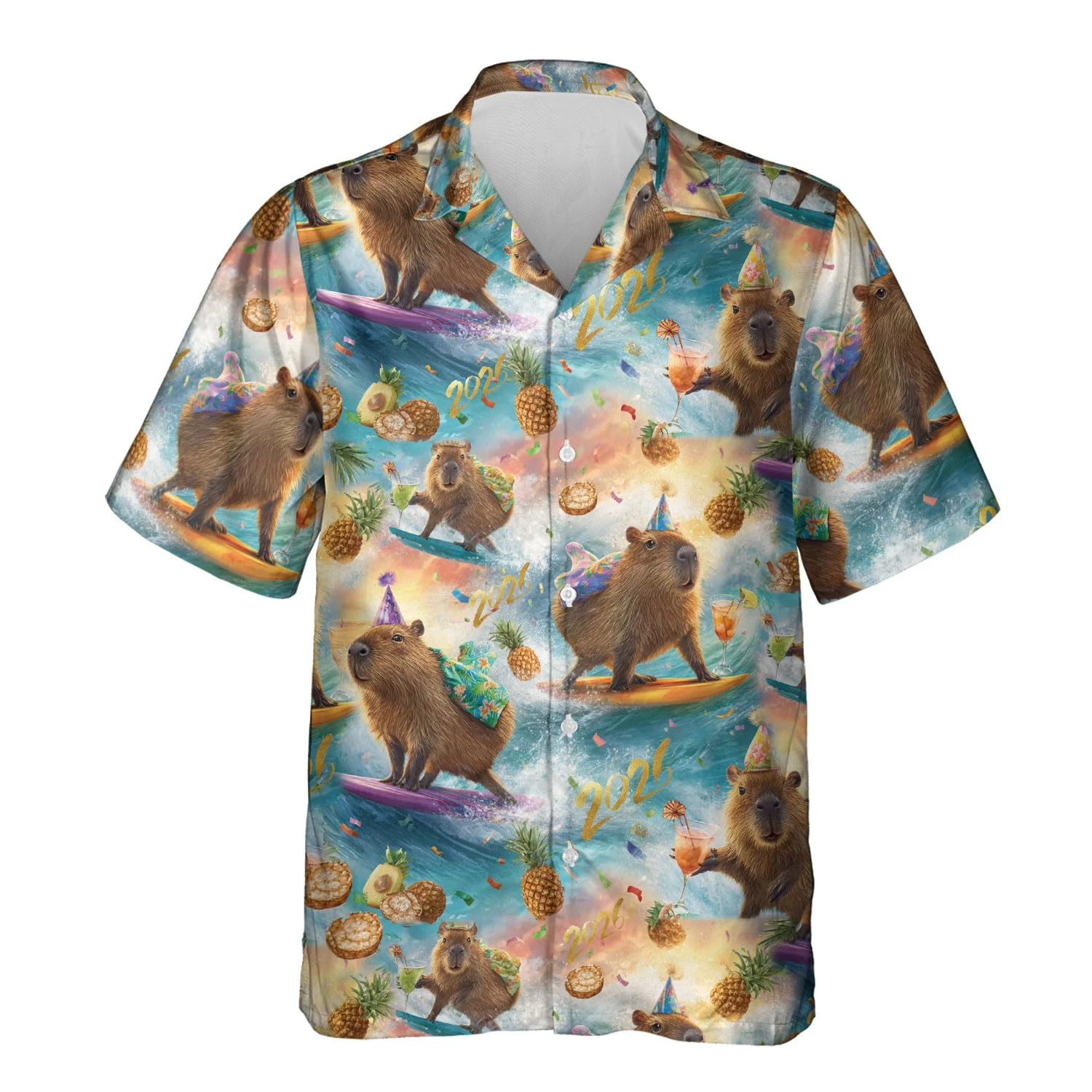 

2026 New Year Capybara Hawaiian Shirt, Funny Animal Surf Print Aloha Shirt, Casual Short Sleeve Button Down Beach Party Shirts
