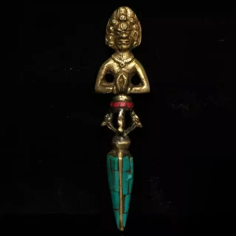 

Nepal reflux pure copper vajra pestle ornament brass inlaid turquoise magic tool Mingwang vajra protector old goods collection