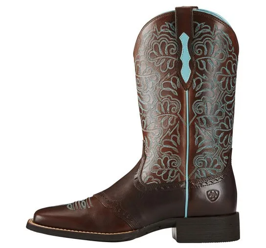 남성용 갈색 가죽 카우보이 부츠 터쿼이즈 패턴 자수 스퀘어 토 로우 힐 웨스턴 신발 캐주얼 아웃도어 컨트리용