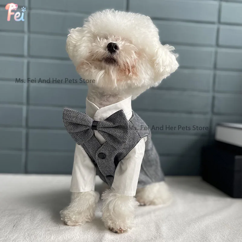 Classic Grey Wool Two‑Piece Pet Tuxedo Set Handmade Dog Suit Jacket With Tailored Skirt Couple Outfit for Small Medium Dogs Cats