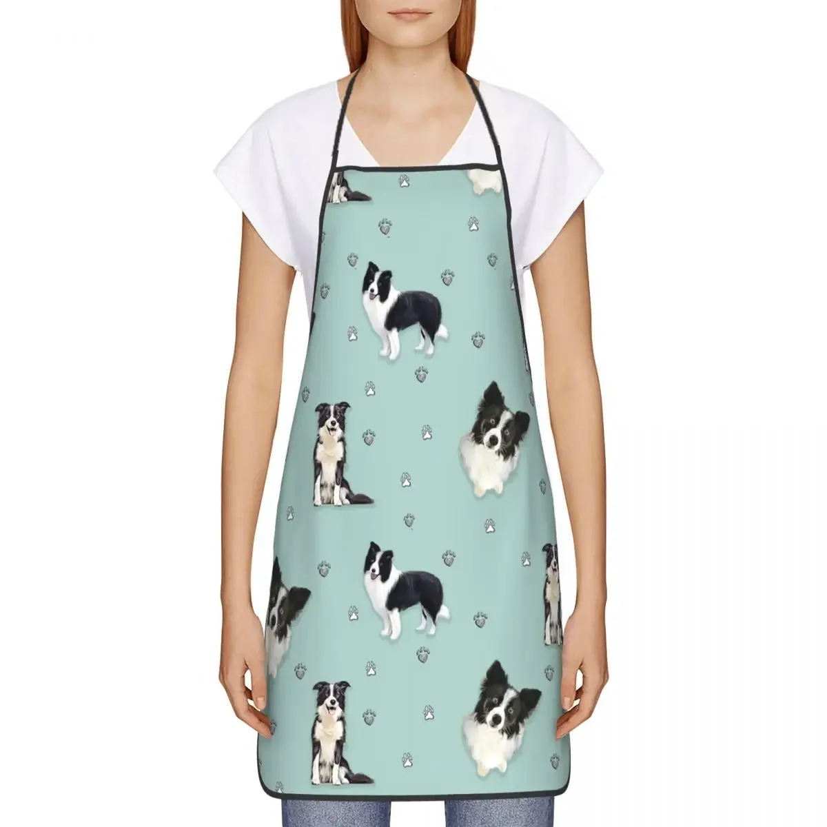 Unisex Border Collie Pattern Bib Apron Adult Women Men Chef Tablier Cuisine for Cooking Kitchen Dog Painting