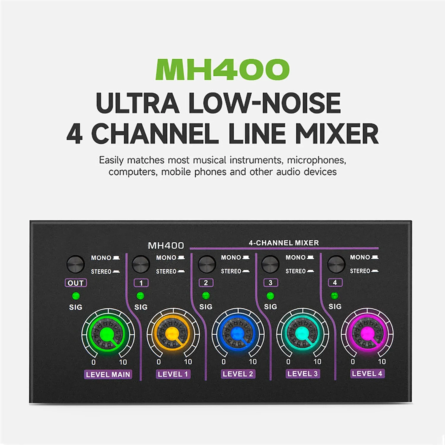 

GAX-MH400 Stereo Mini Line Reverber Tuner Microphone Guitar Stage Ultra Low Noise Mini 4 channel earphone ampilifer