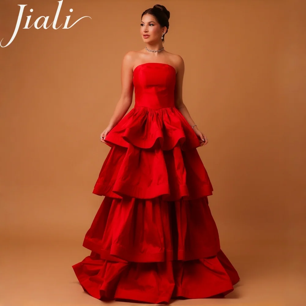 Jiali Customized Red Layered Satin A-line Prom Dress Simple Strapless vestidos de noiva Elegant Floor-length Evening Dress 2026