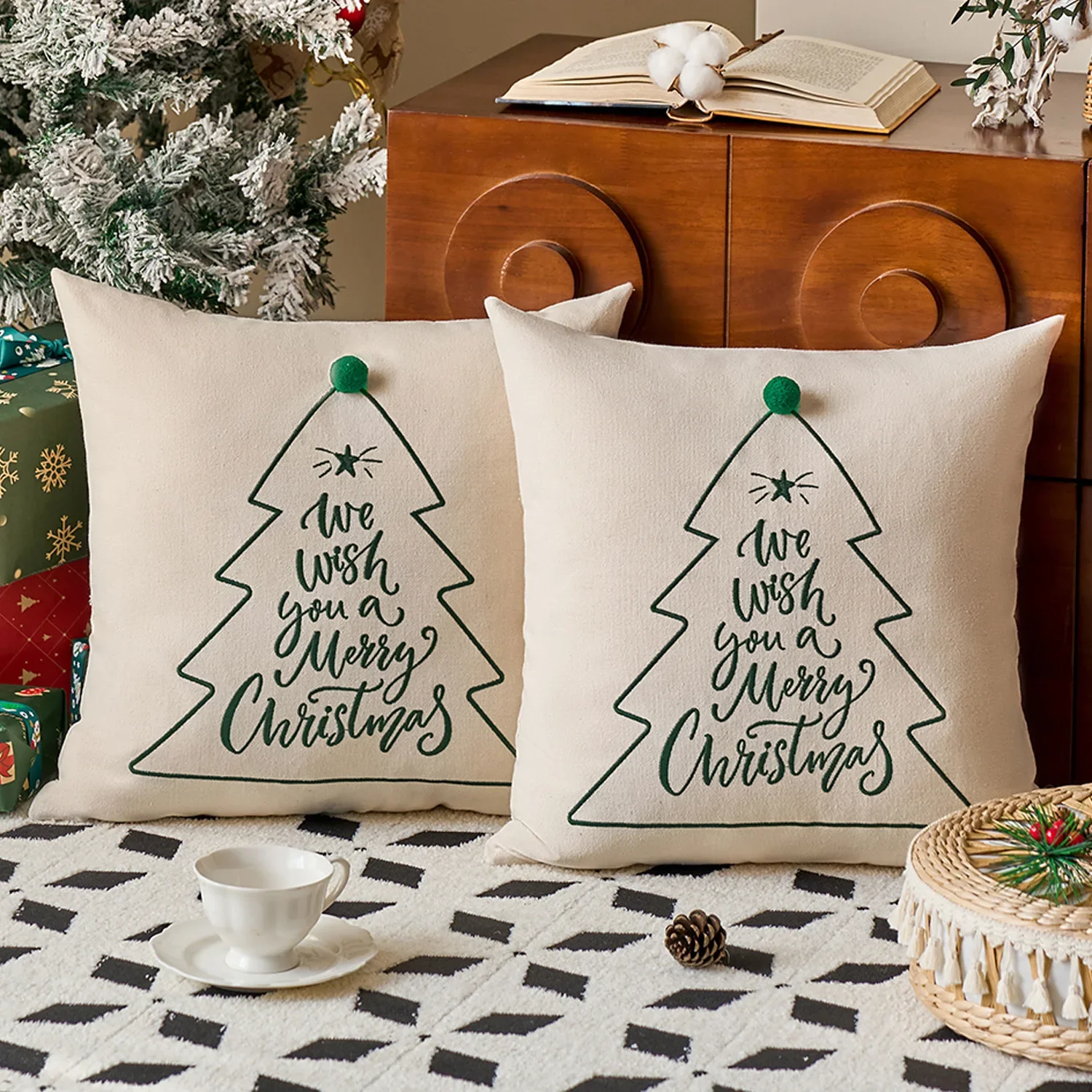 2024 Christmas Embroidered Pillow Cover Line Christmas Tree Patchwork Embroidered Cushion Cover Festival Joyful Pillow Case