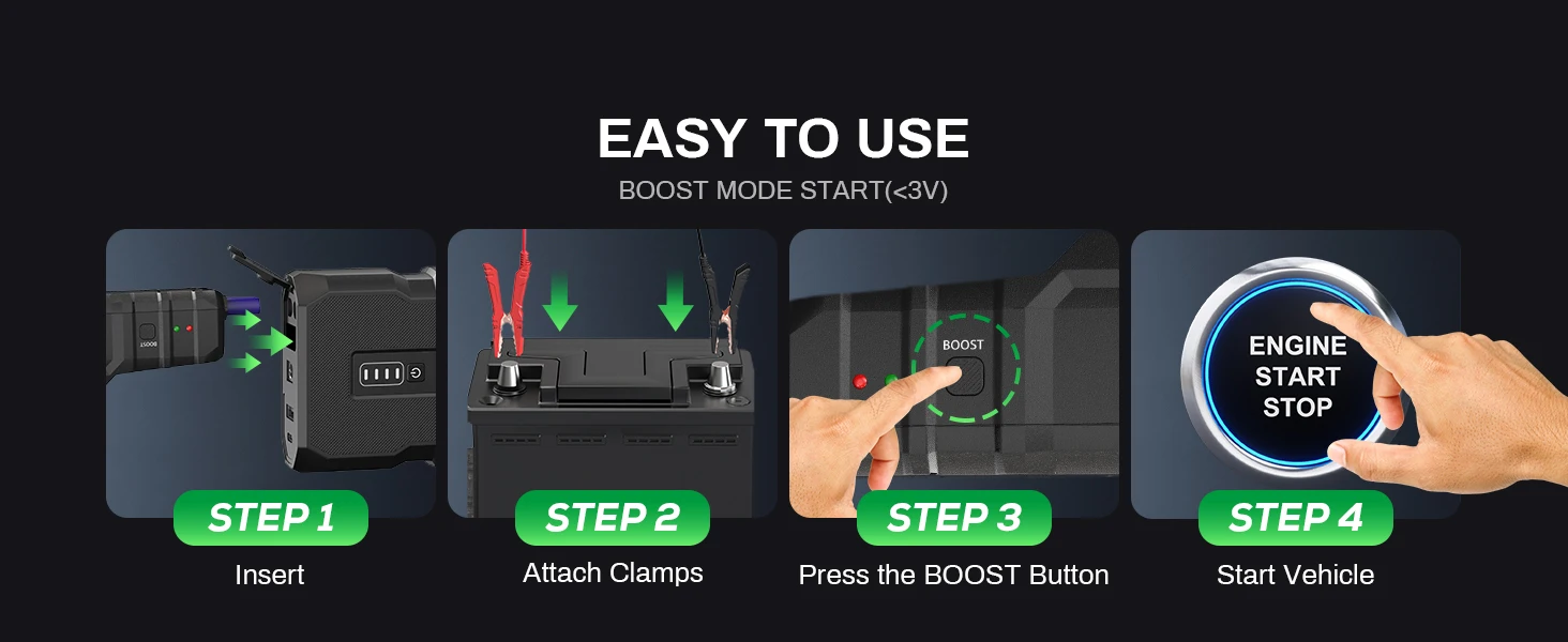 AMPBANK AB4000 Starthilfe für Autos, 16000mAh Booster Powerbank, tragbares 12V 4000A Booster-Pack, bidirektionales Schnellladen, BOOST-Funktion für Autos, SUVs, LKWs und Motorräder – Detail 9