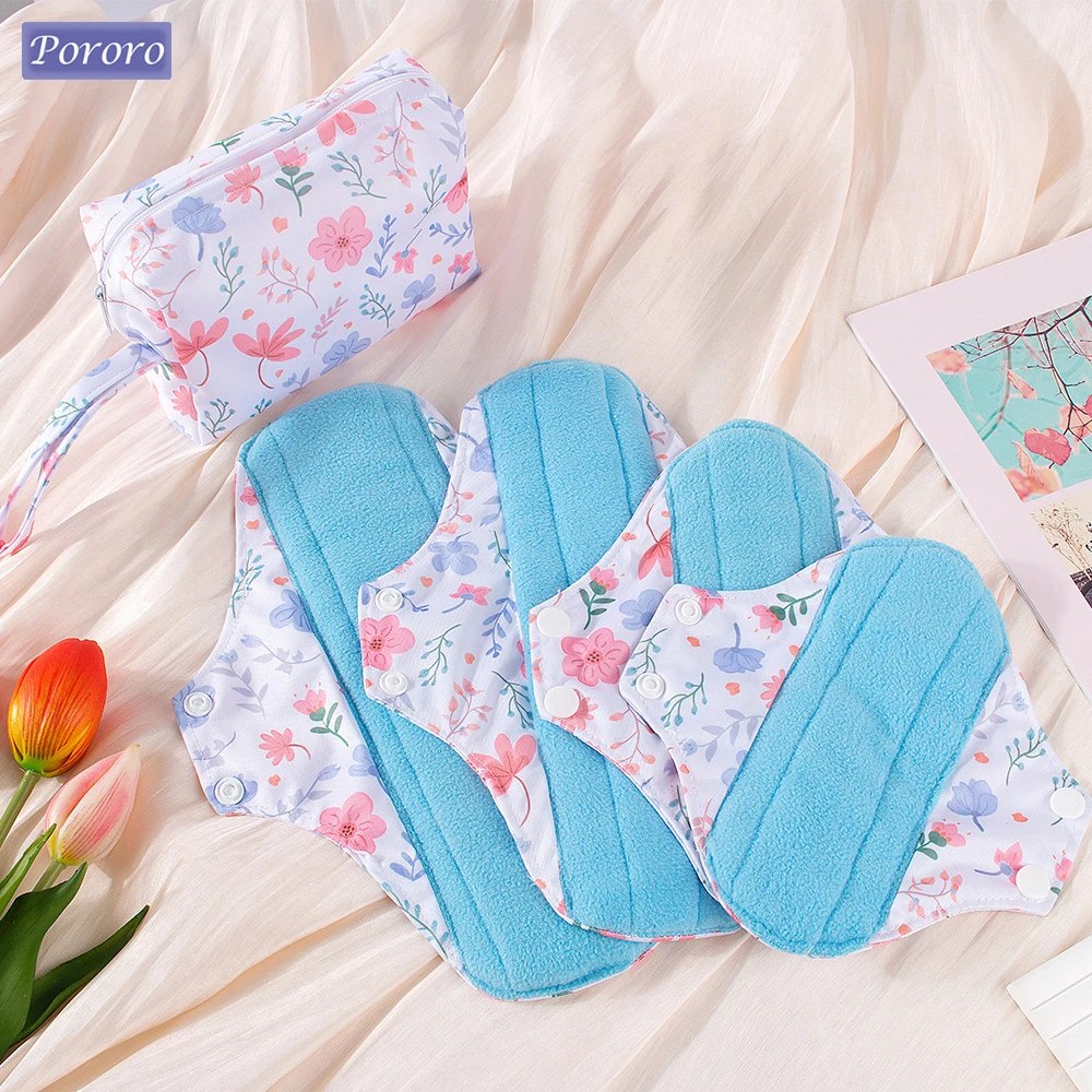 4pcs/Set Portable Sanitary Pad Reusable Washable Cloth Menstrual Pads Blue Polar Fleece Panty Liners for Women with 1pc Wet Bag