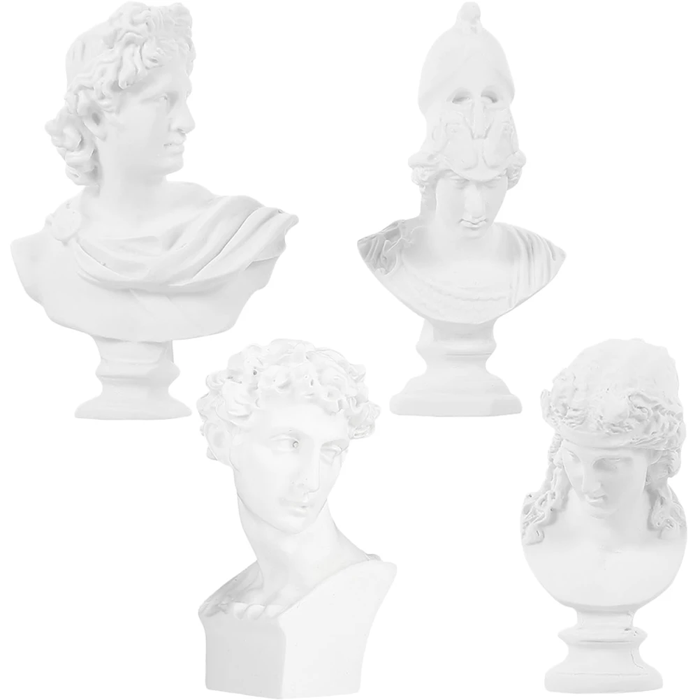 

4pcs Mini Head Statue Resin Bust Desktop Decoration Home Office Decor David Athena Sculpture Artist Sketch Prop Tabletop