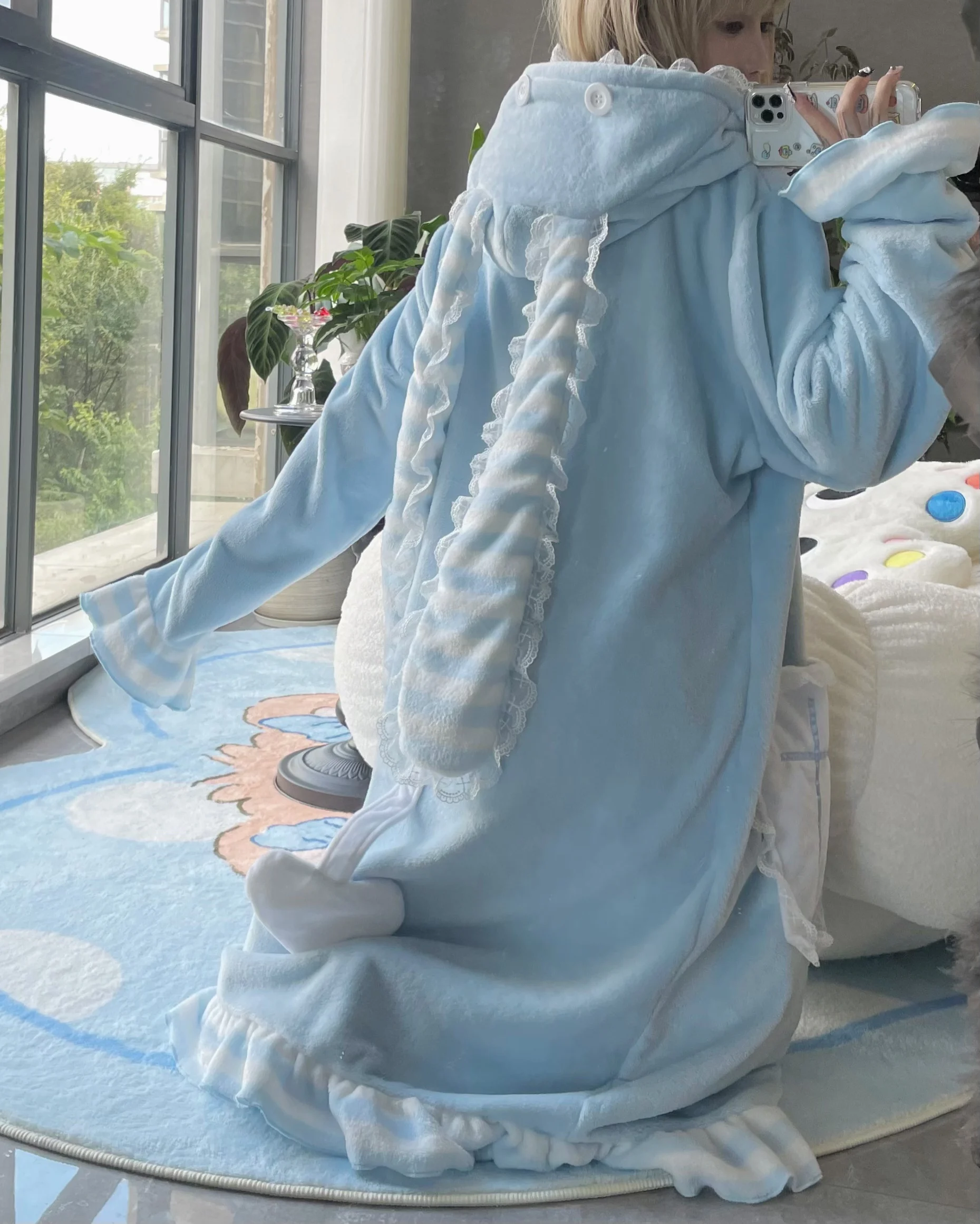 Rabbit Ear Fleece Fluffy Soft Winter Pajamas Flannel Cute Sweet Cute Girls Bunny Pink Blue Long dress