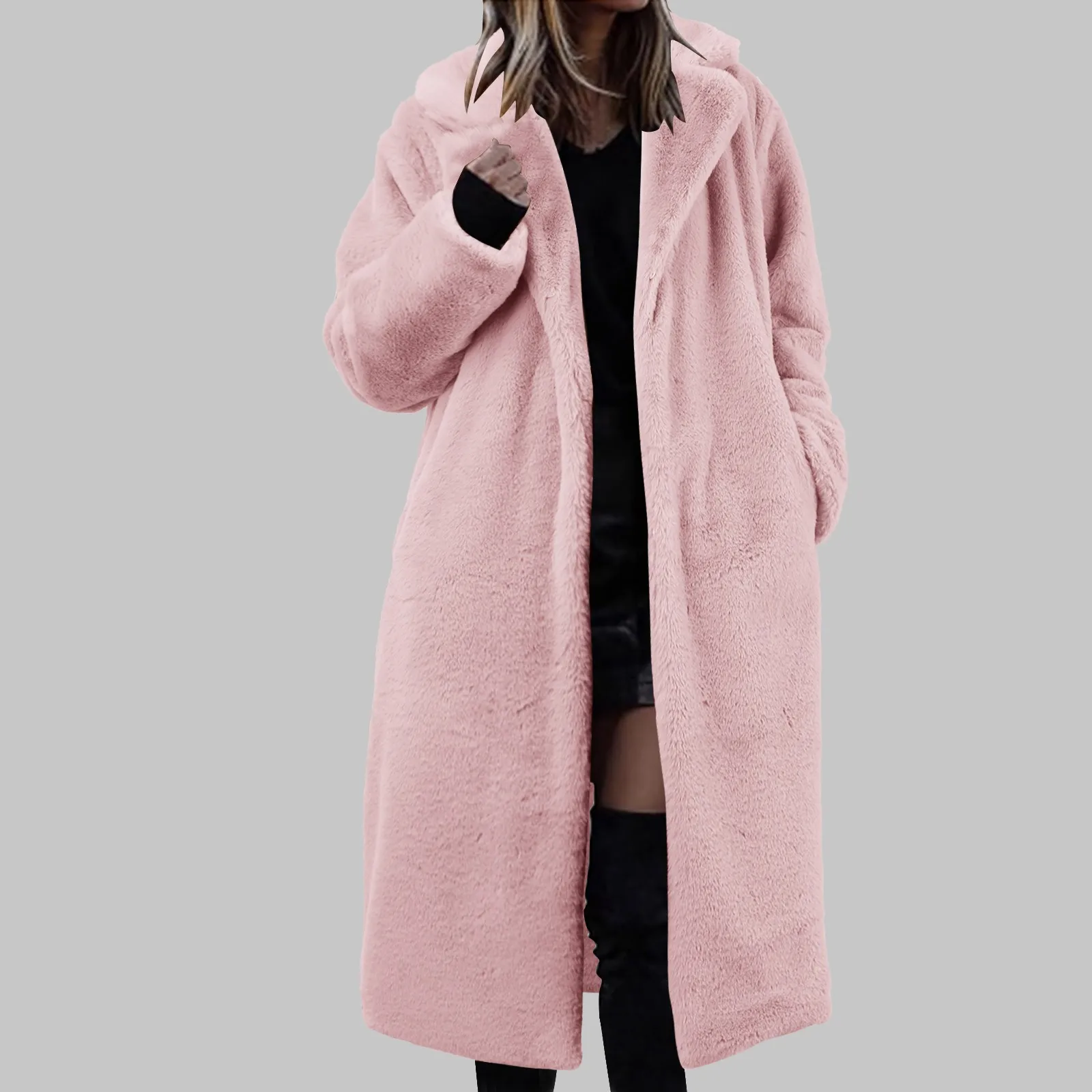 Womens Winter Warm Lapel Faux Fuzzy Coat Jacket Overcoat Mink Fleece Spliced Mid Length Coat Suit plus Raincoat Women