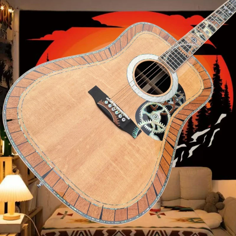 Hot sale D-200 Steam Gear Acoustic Guitar Solid Wood Bear Claw Pattern Spruce Panel Carving Knob Era Setting Collection