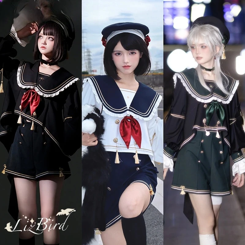 ญี่ปุ่นOriginal Lolita GorgeousวิทยาลัยชุดสาวหวานNavy Collarเสื้อแขนยาวและกางเกงขาสั้นเอวสูงตรงชุด