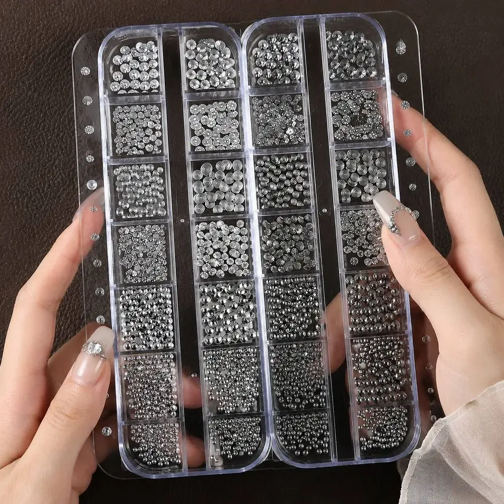 12Grids 3D Black Silver Circular Vortex Nail Art Rhinestones Mixed 1.5-3.5mm Round  Beads Nails Decorations Gothic Punk Manicure