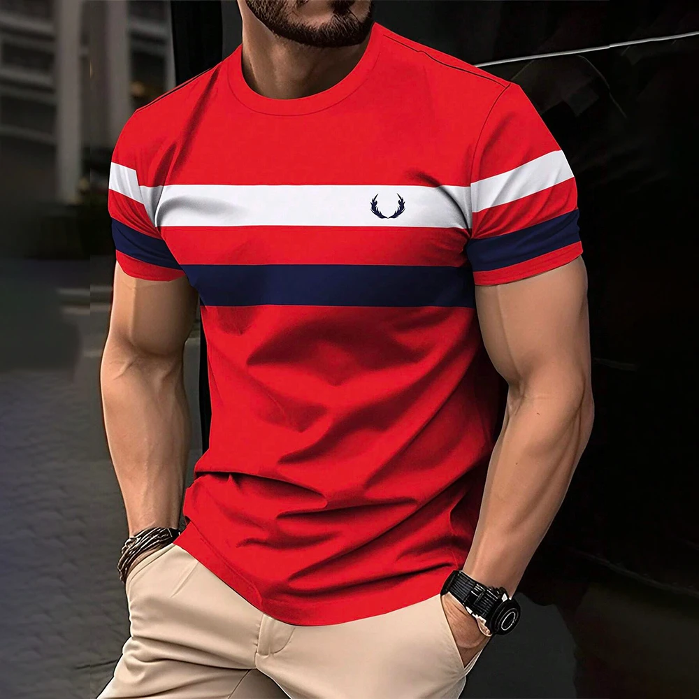 Camisetas para homens simples listrado impressão moda rua verão manga curta camisetas soltas casuais oversized em torno do pescoço esportes topos