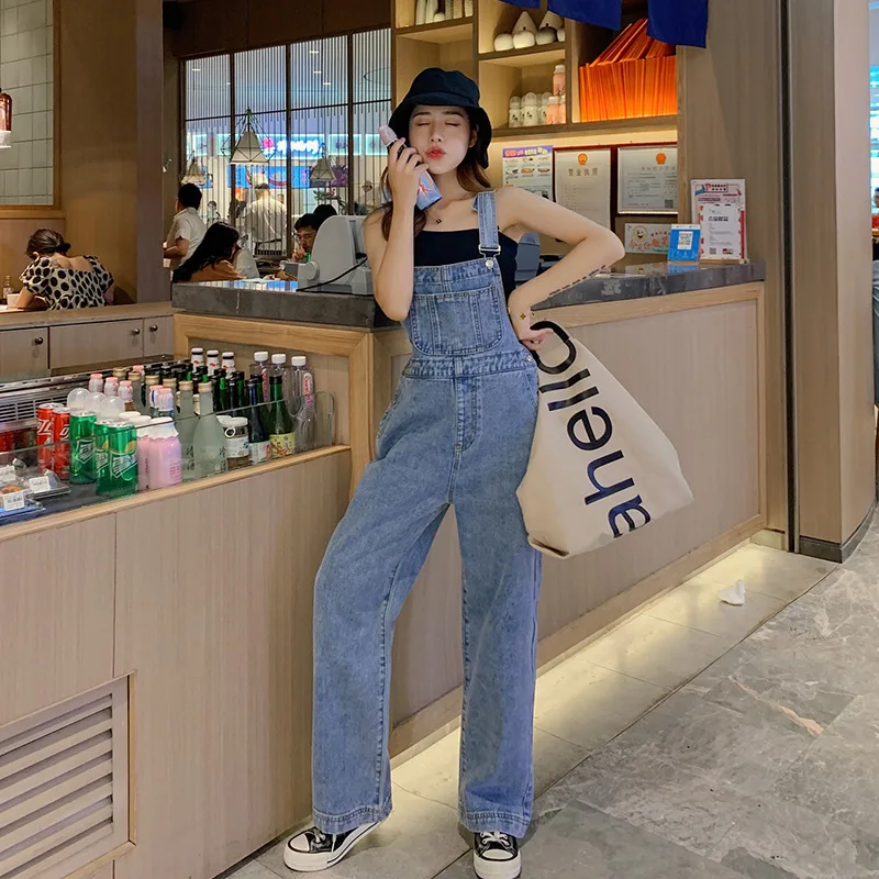 2026 New Spring Autumn Women Denim Bib Overalls High Waist Loose Straight Pants Slim Casual Wide Leg Jeans