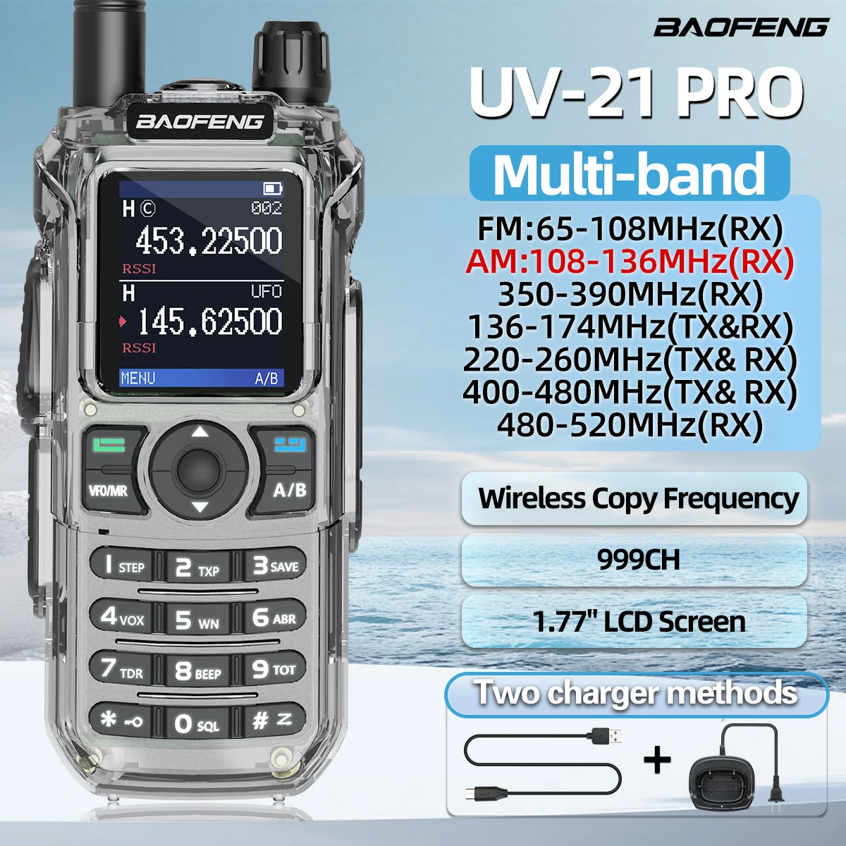 Baofeng UV-21 Pro Wireless Copy Frequency Walkie Talkie Long Range High Power Multi-Band Type-C Charger Ham Radio Upgrade V2