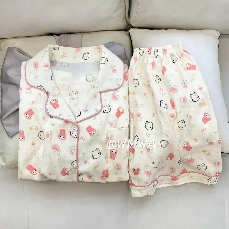 Miniso Hellokitty Pajamas Cartoon Figure Kitcat Small Shape Printing White Colours Summer Short Sleeves Short Pants Home Clothes