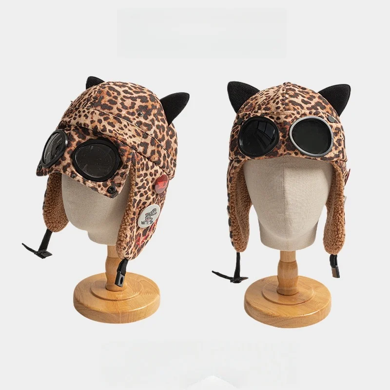 

Toddler Kids Leopard Print Pilot Hat with Goggles Family Look Cotton Fleece Lined Earflap Aviator Cap Children's Warm Winter Hat