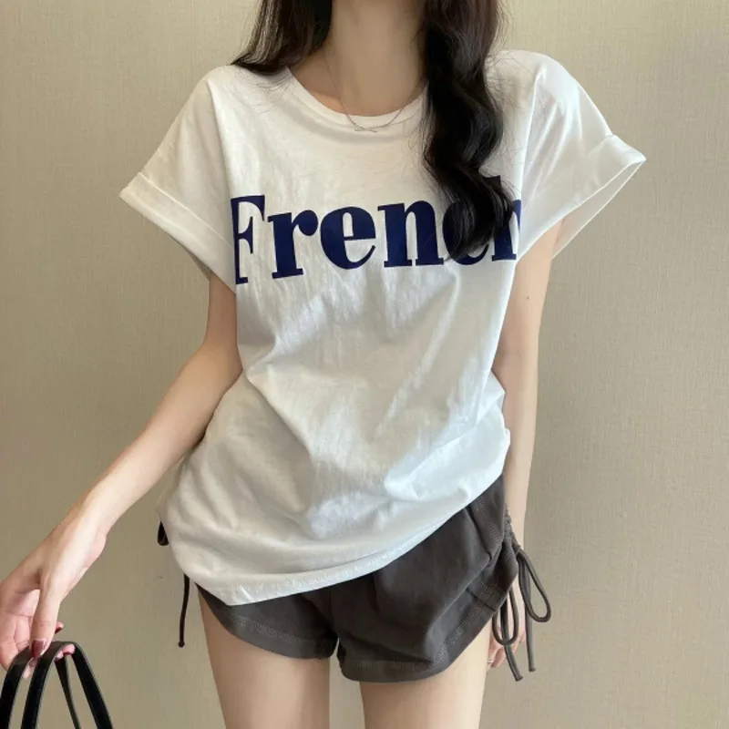 Korean Loose Student's T-shirt Letter Printing Short Sleeve Slim Fit Tank Top Casual Pullover Spicy Girl's Tees Multiple Colors