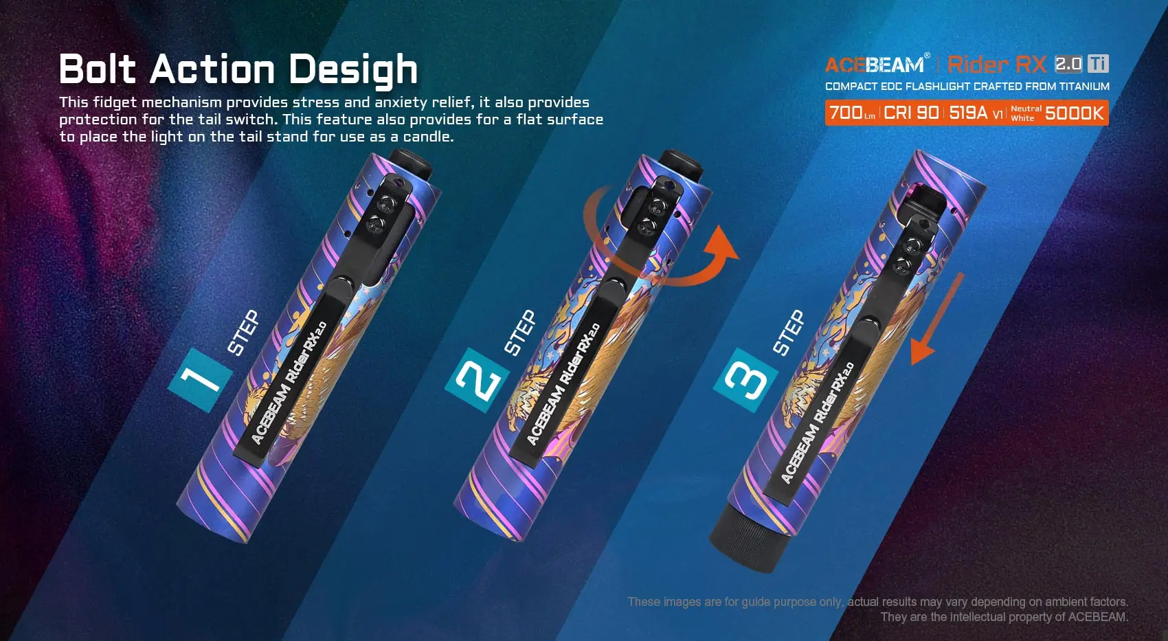 ACEBEAM LED flashlight rider RX 2.0 max 700 lumen EDC AA flashlight bolt-action design IP68 waterproof 14500 handheld flashlight