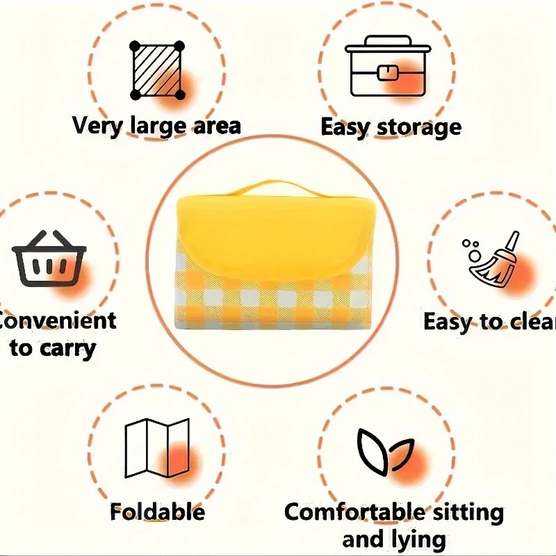 1Pcs Sand Proof Picnic Mat, Yellow White Plaid Beach Blanket with Orange Border, Foldable Durable Non-woven Fabric for Camping H