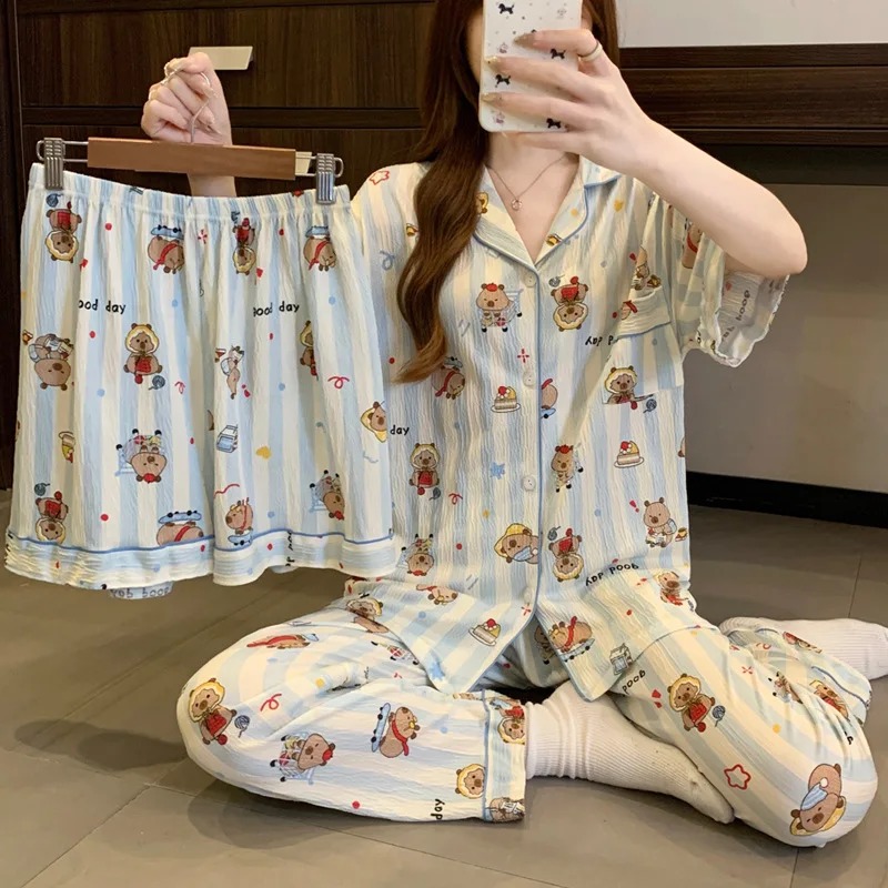 

Women Summer Thin Pajamas Three-piece Set Leisure Sleepwear Short Sleeve Lapel Cartoon KAPIBARA Homewear Female Loungewear
