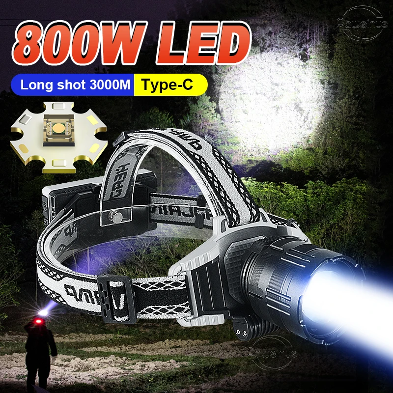 2024 Most Powerful Headlamp 800W Headlight USB Rechargeable Head Flashlight High Power Outdoor Head Lamp Fishing Light