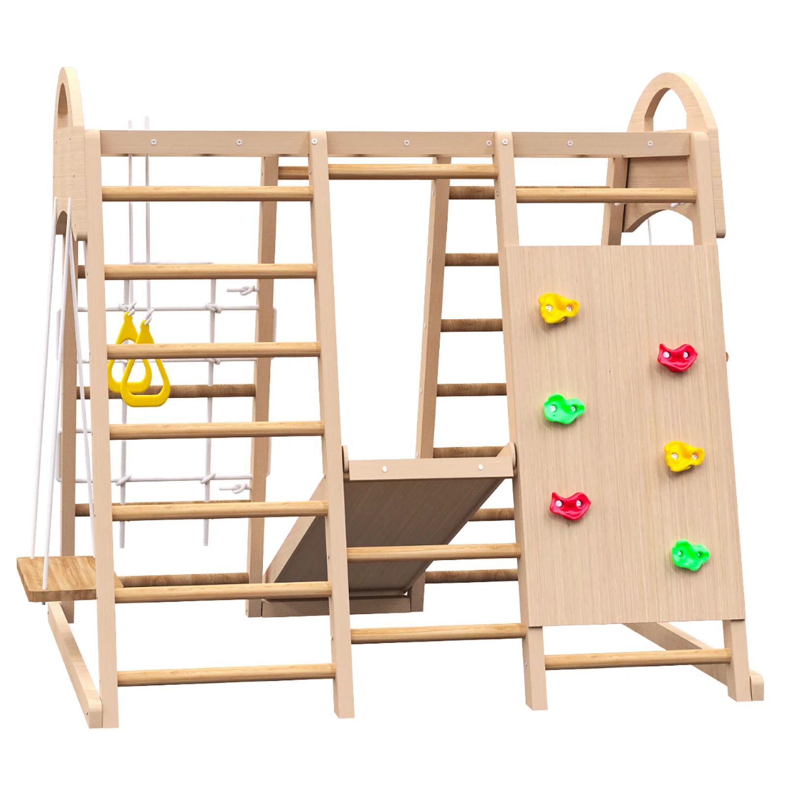 Modern Design Wooden Rainbow Climbing Frame Indoor Playground Play Structure with Ladder Swing and Slide  Activity Xiaowoniu