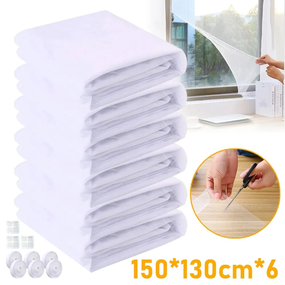 6er-Pack Fliegengitter für Fenster, selbstklebendes Insektenschutzfenster, 150 x 130 cm, Insektenschutzfenster mit 6 Rollen, selbstklebend, Moskitonetz für Fenster, Fensterzubehör