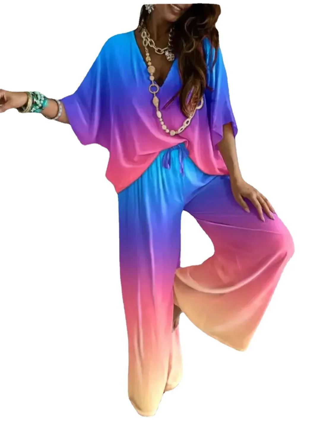 Conjunto de pantalones largos para mujer, ropa informal holgada de pierna ancha con cuello de pico y manga de murciélago, color liso, verano, 2023
