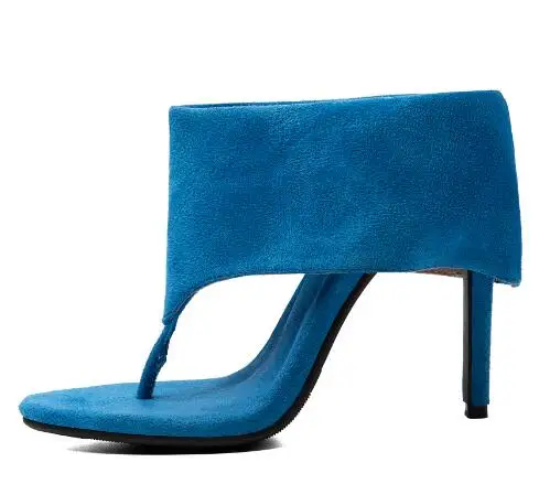Royal Blue Suede Thong High Heel Mules Summer Women Wide Cuff Clip Toe Slip‑On Stiletto Heel Sandals Modern Slippers Slides Shoe
