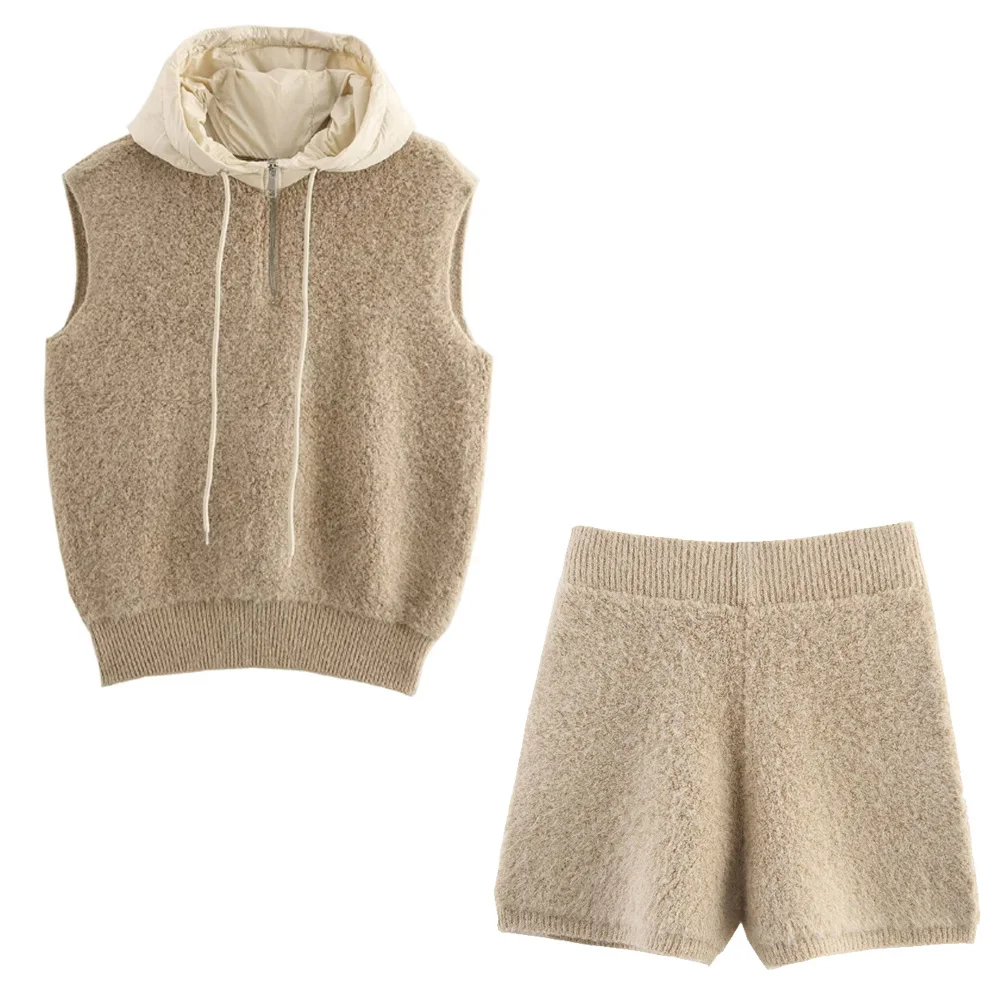 Willshela-Conjunto de 2 piezas para mujer, Sudadera con capucha y pantalones cortos sin mangas de Cachemira de oveja para primavera/otoño, trajes informales elegantes para mujer