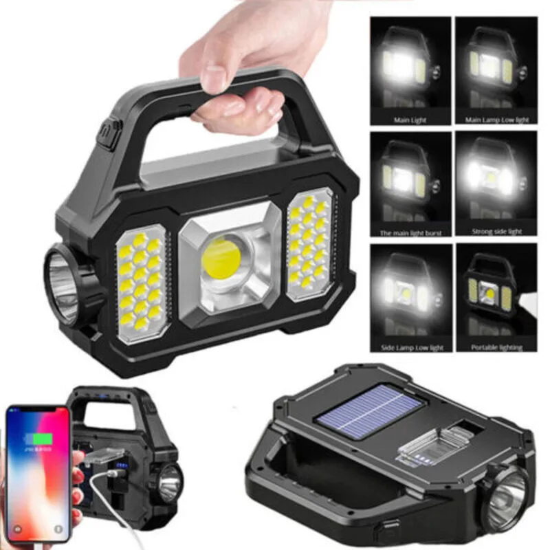 Portable LED Flashlight COB Work Light Torch Solar USB Rechargeable Camping Lamp