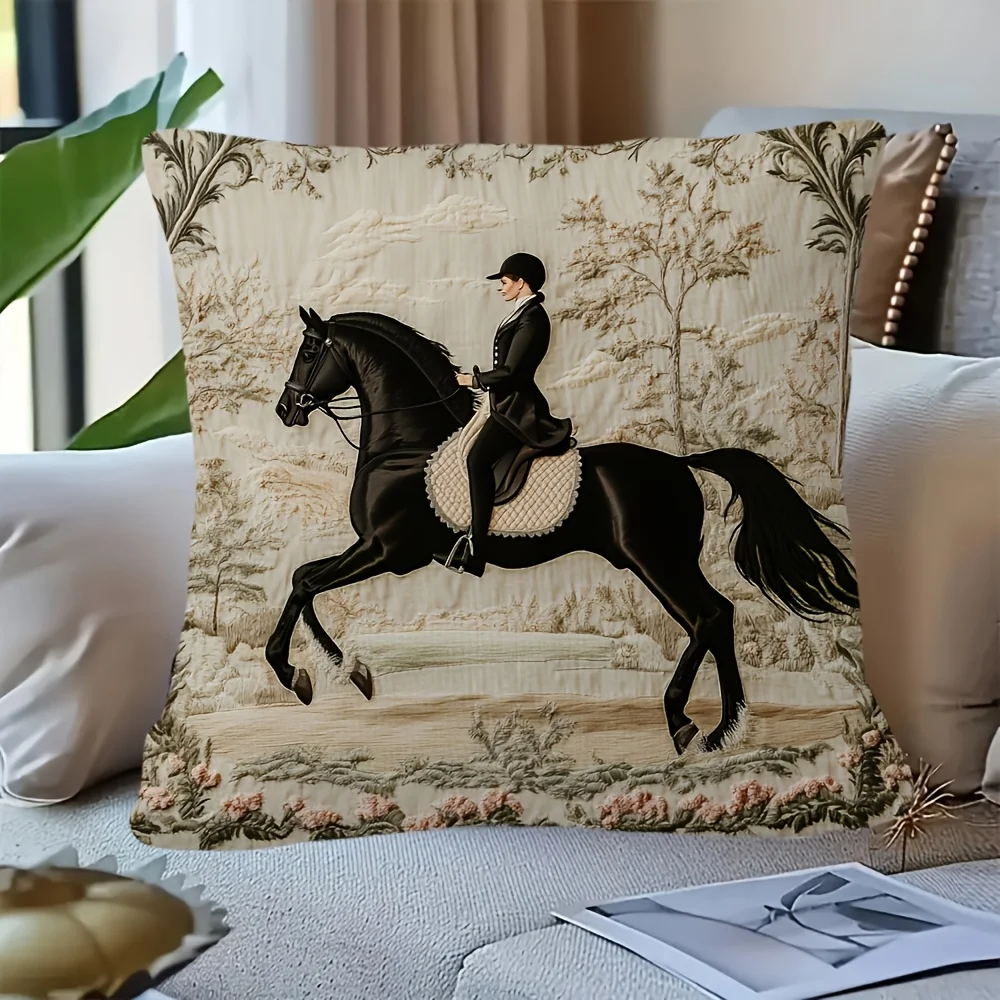 1 Stück klassischer Kissenbezug mit Reitsport-Kunstdruck, 2D doppelseitiger Polyester-Kissenbezug, rustikaler britischer Deko-Kissenbezug, ideal als Geschenk