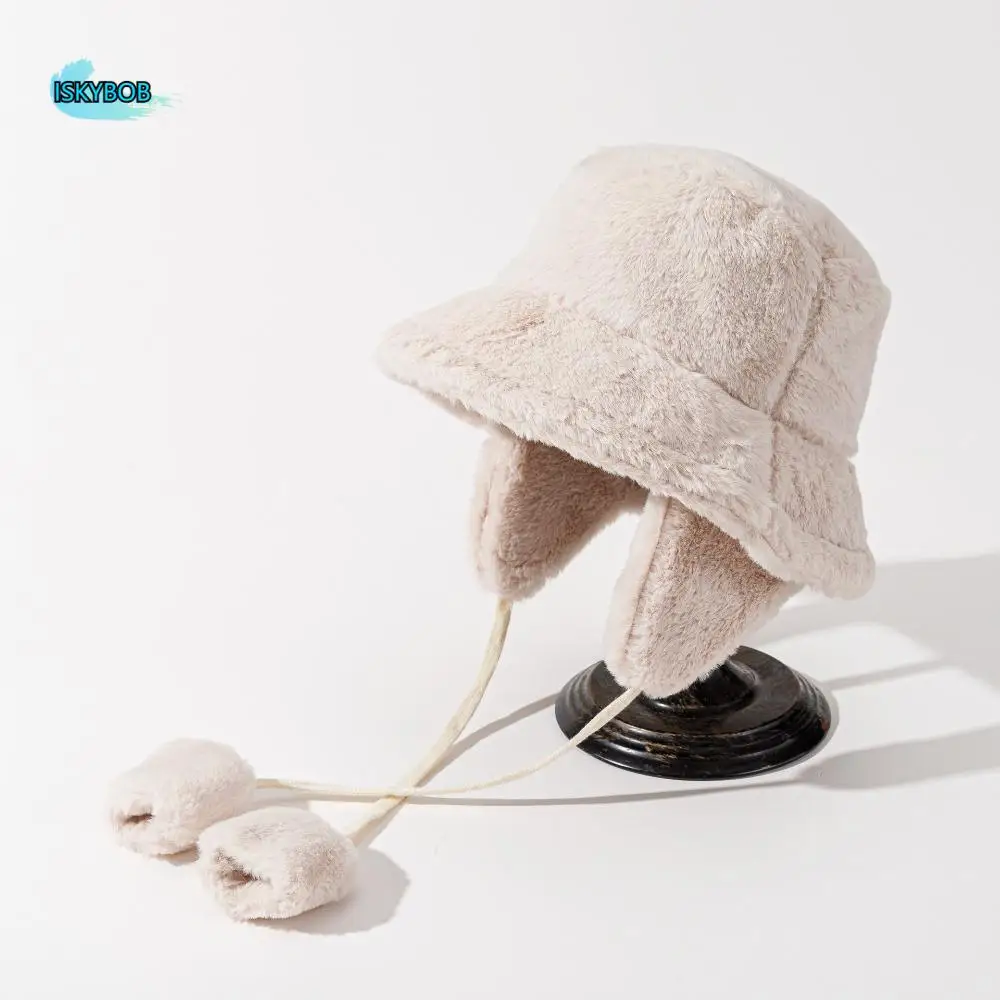 

Lamb Fur Cap Solid Color Plush Panama Hat Warmer Anti-cold Plush Bucket Cap Adjustable Windproof Winter Fisherman Hat Daily