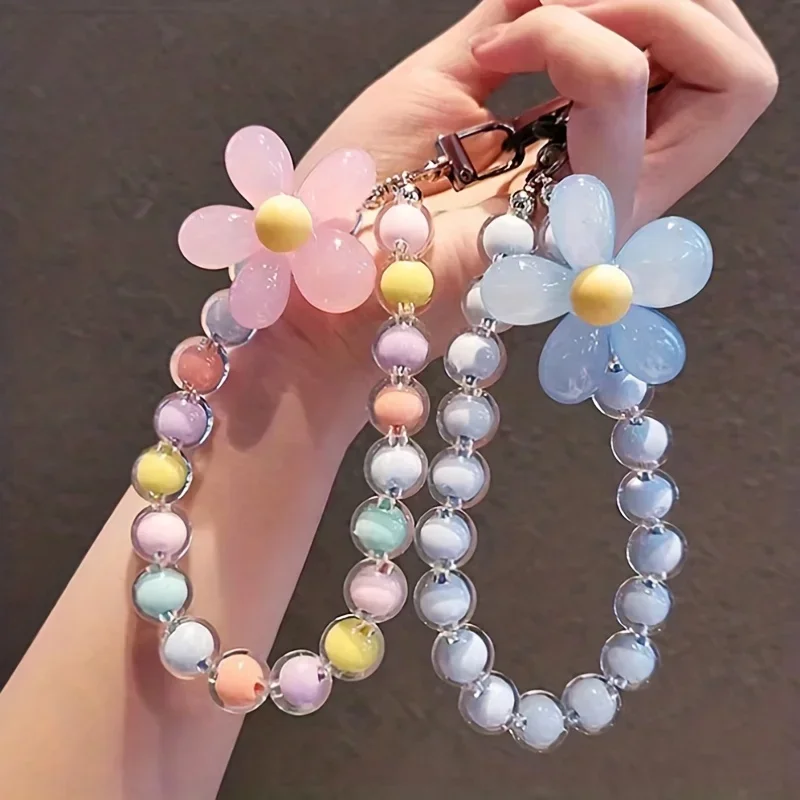 Colorful Flower Beaded Mobile Phone Charm Strap Chain Lanyard Women Girl Jewelry Phone Holder Beads Pendant