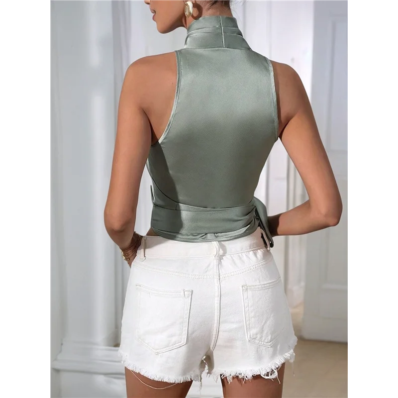 

AG-Women's Satin Blouse Wrap V Neck Sleeveless Tie Side Summer Elegant Crop Tops