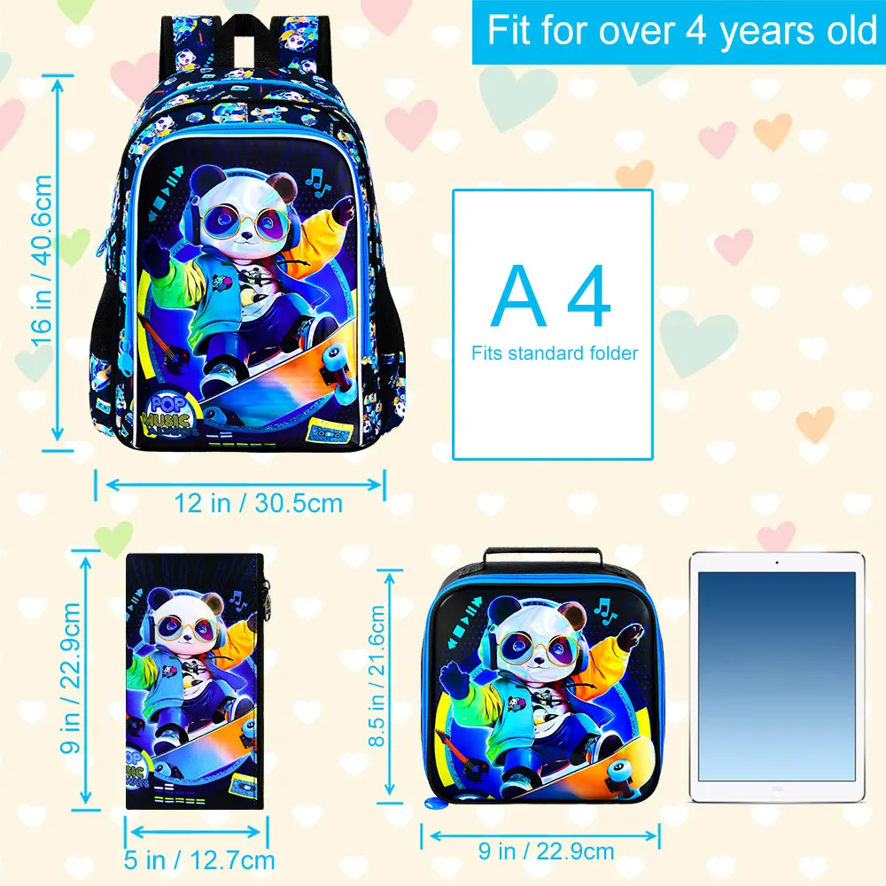 Kid's backpack 16Inch 3PCS, UV Skate Panda Print Large Capacity Lightweight Set, One Backpack, One Handbag, One Pencil Case