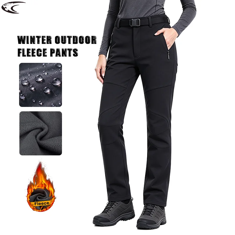 LNGXO Women's Fleece Pants Winter Warm Waterproof Outdoor Soft Shell Pants Camping Trekking Skiing Mountaineering Rain Trousers