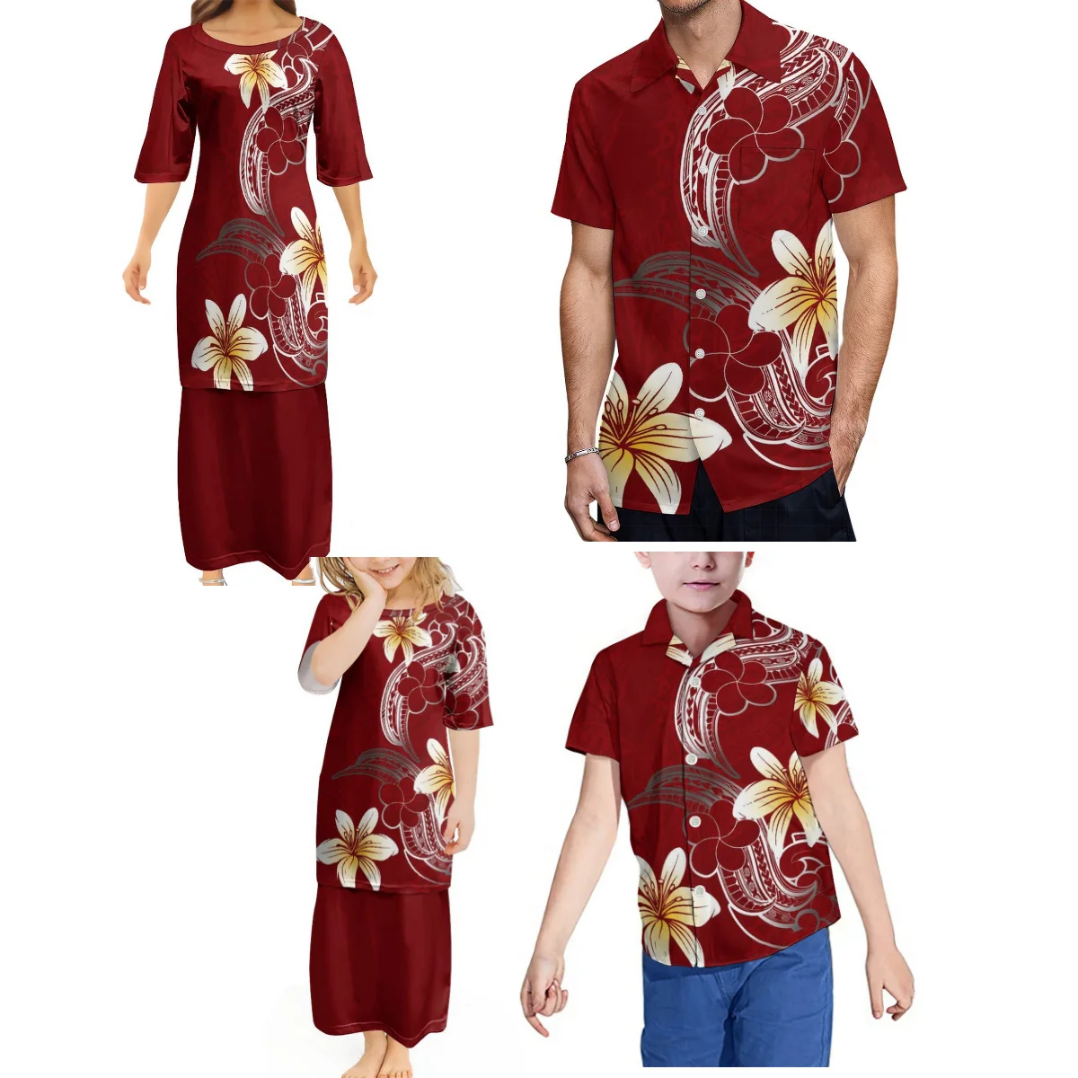 

Polynesian Family Party Set Samoan Dress Women Girls Temperament Puletasi Dress Hawaiian Men Boys Casual Shirt Custom