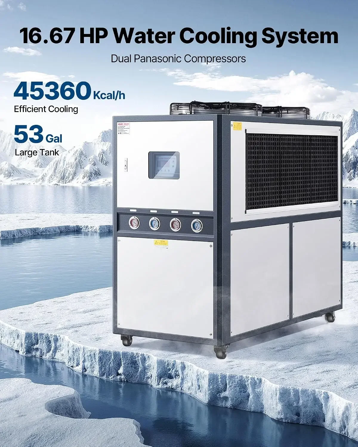 Air-Cooled Water Chiller, 16.67 HP, Industrial Water Chiller with 45,360 Kcal/h Cooling Capacity, Dual Compressor, 53 Gal Large
