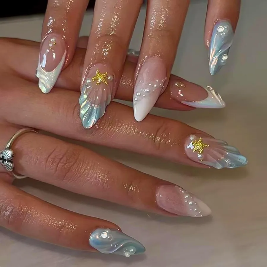 

Ocean Shell Pr on Nails French Tip Fake Nails with Star Pearl Design 3D Summer Glue on Nail Medium Almond False Nail Glossy Art